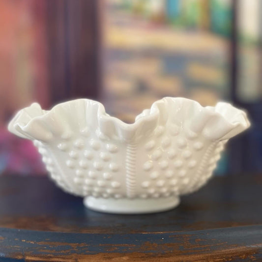 Fenton Hobnail & Cable 8.5” Milk Glass Bowl